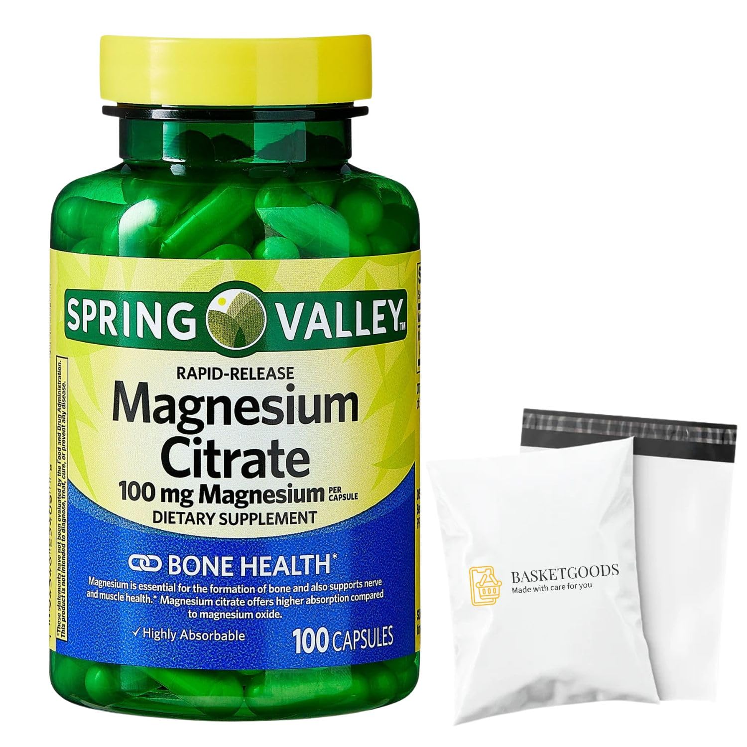BASKETGOODS Magnesium Citrate 100 mg Capsules, 100 Count