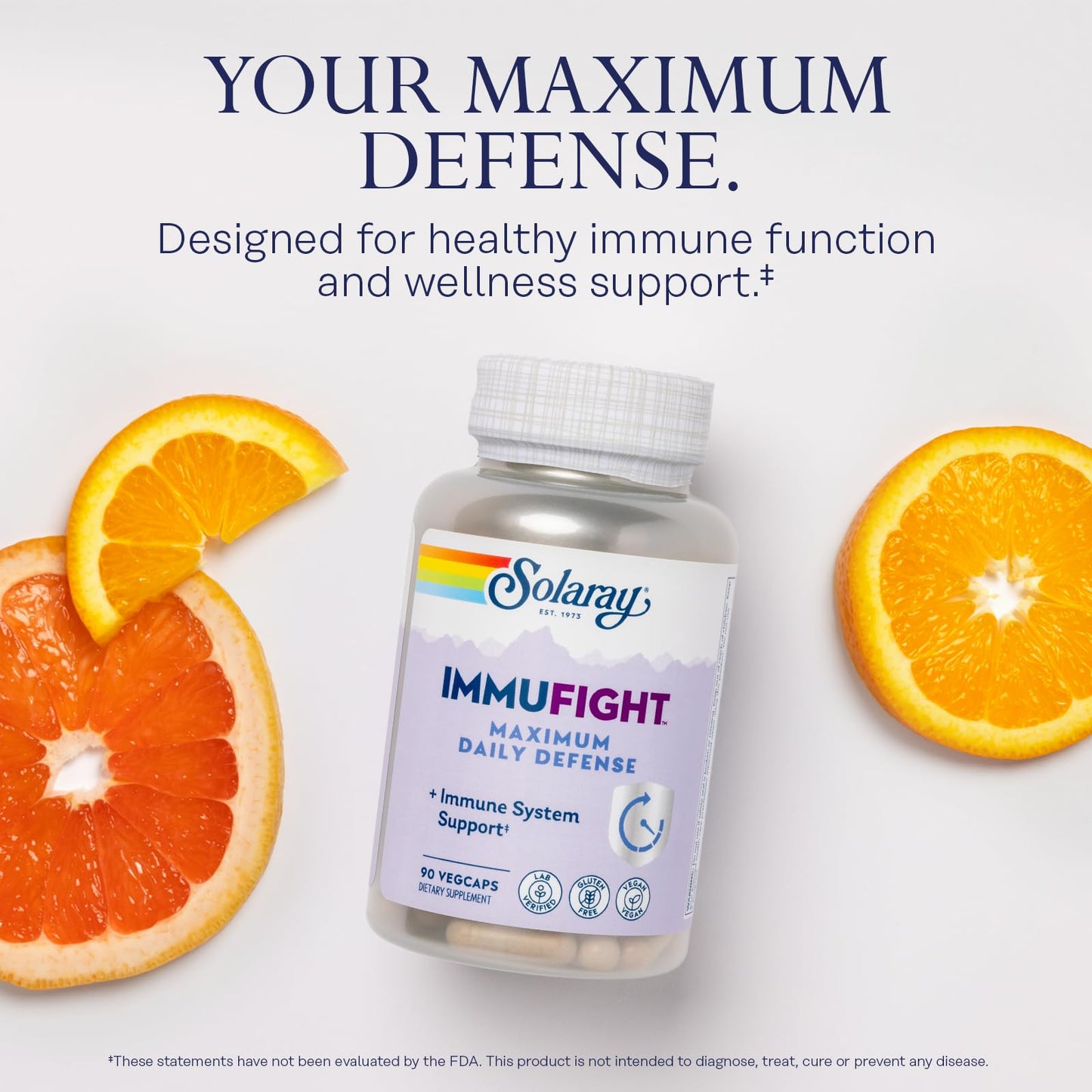 SOLARAY Immufight Maximum Daily Defense All Day Immune Support, Vitamin C, Vitamin D, Zinc, Probiotics, Monolaurin, Acerola & More Capsule, 90 Count