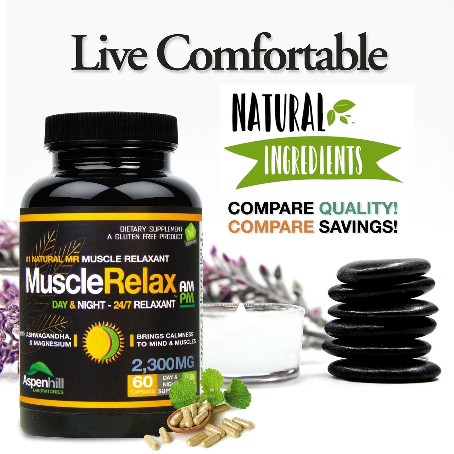 Aspenhill Laboratories The Original Muscle Relax AM-PM 24/7 Day or Night with Magnesium and Calcium - Calmness - Relaxation Capsule, 60 Count