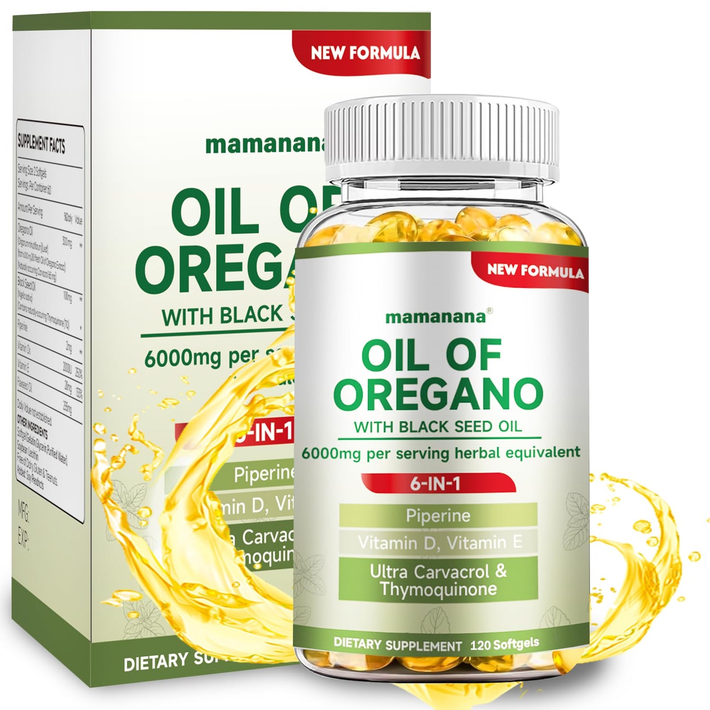 mamanana Oil of Oregano Capsules Organic 6000mg, 6-in-1 Oil of Oregano with Black Seed Oil, Omega-3 (EPA & DHA), Vitamin D + E, Digestive Health & Seasonal Immune Support, Non-GMO, 120 Capsules