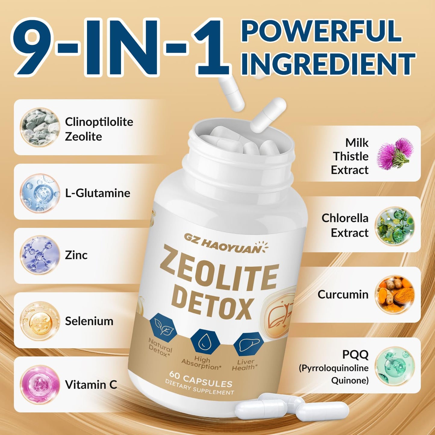 GZ HAOYUAN Zeolite Detox Capsules, 60 Capsules