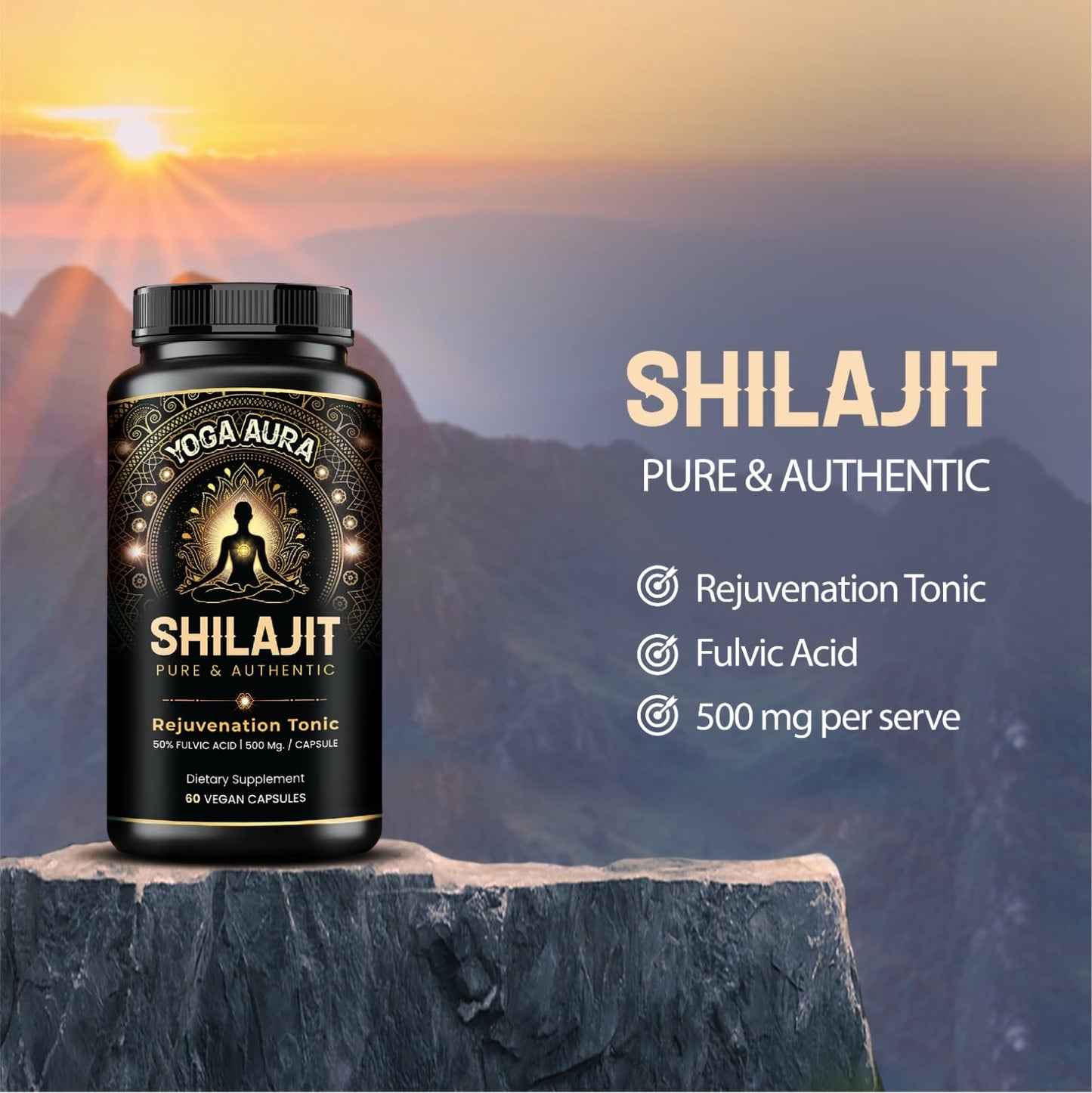 YOGA AURA Shilajit Resin Extract 500mg Capsules, 60 Count