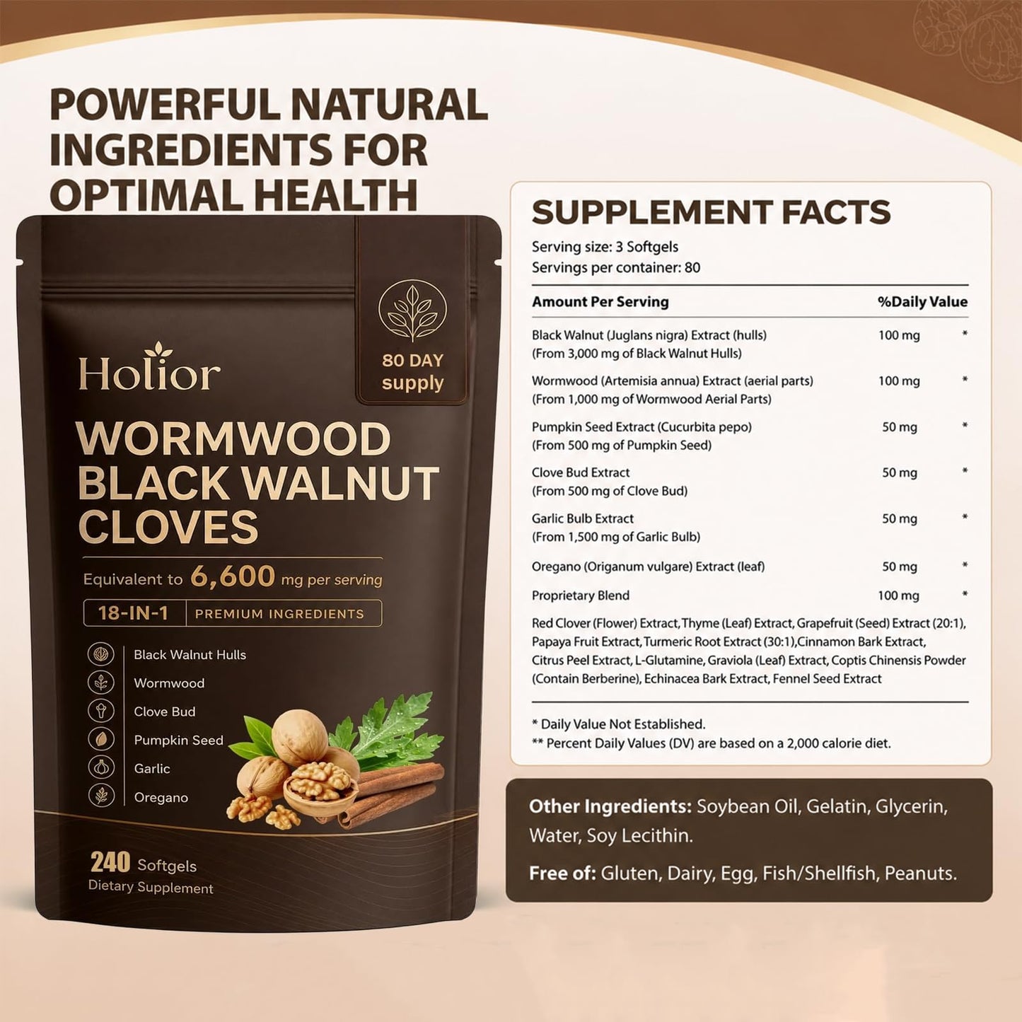 REN essentials Holior Wormwood Black Walnut Cloves 18-in-1 Herbal Supplement Softgels 240