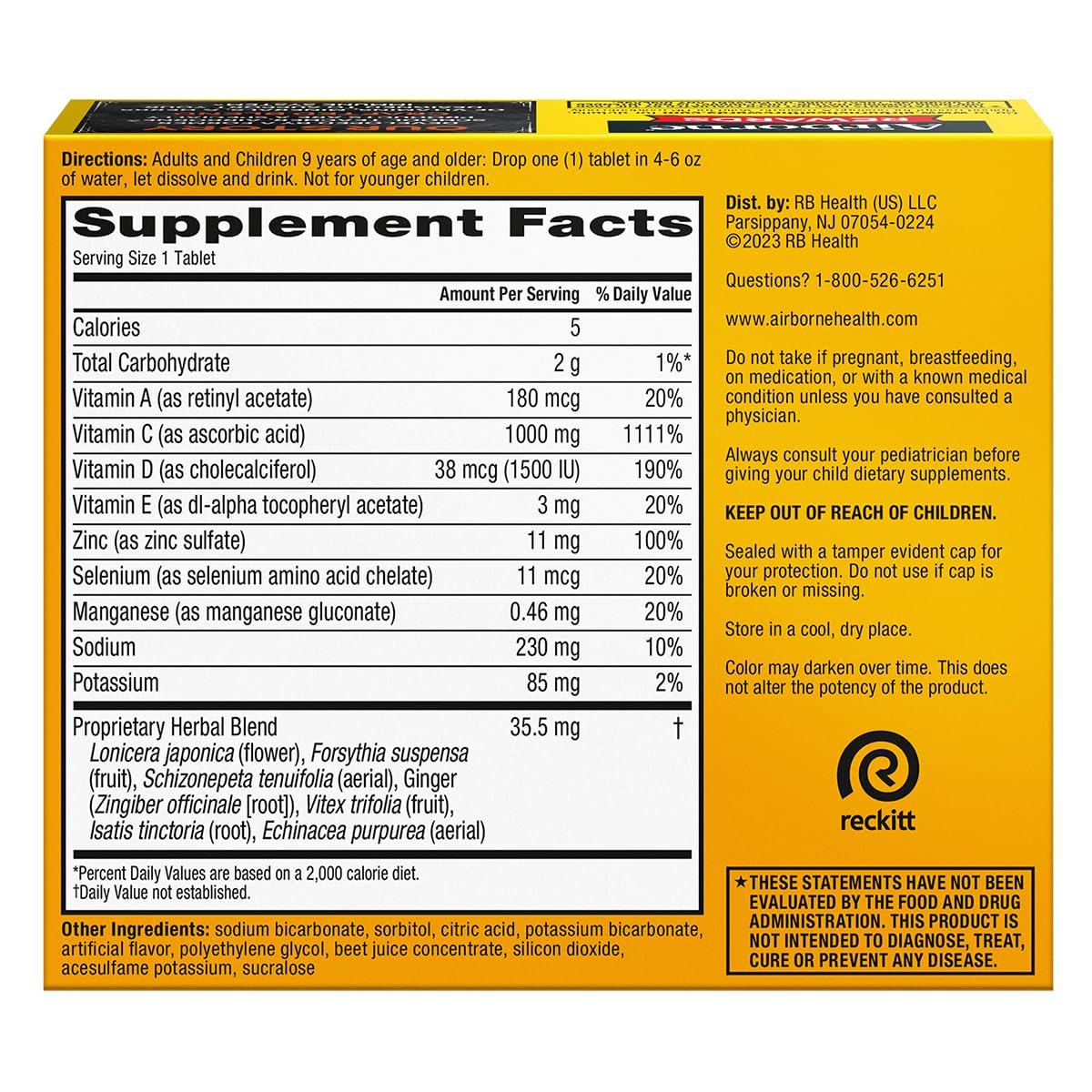 Airborne Vitamin C with Vitamin D + Zinc Tablets 60 Count
