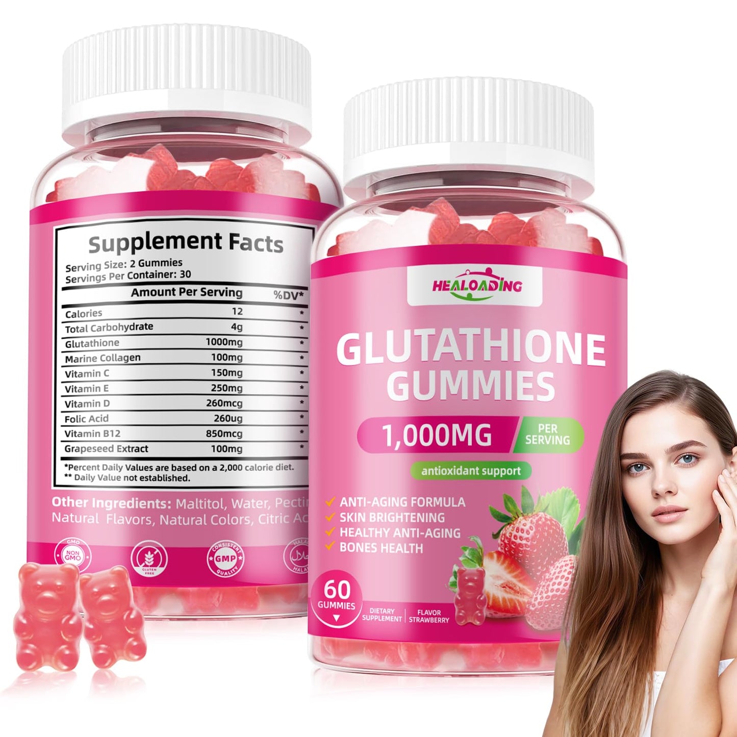HEALOADING Glutathione Gummies 1000mg with Collagen & L-Glutamine, Vitamins C, E, D & B12, 60 Count