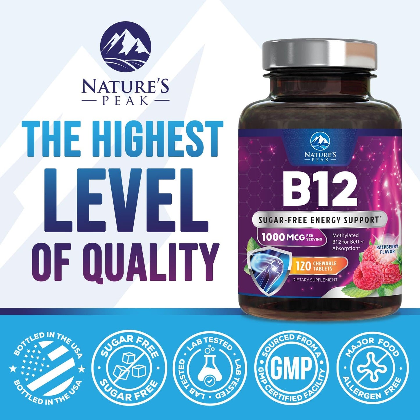 Nature's Peak Vitamin B12 Complex (Methylcobalamin) 1000 mcg, 3X Strength B12 Tablets, 120 Count