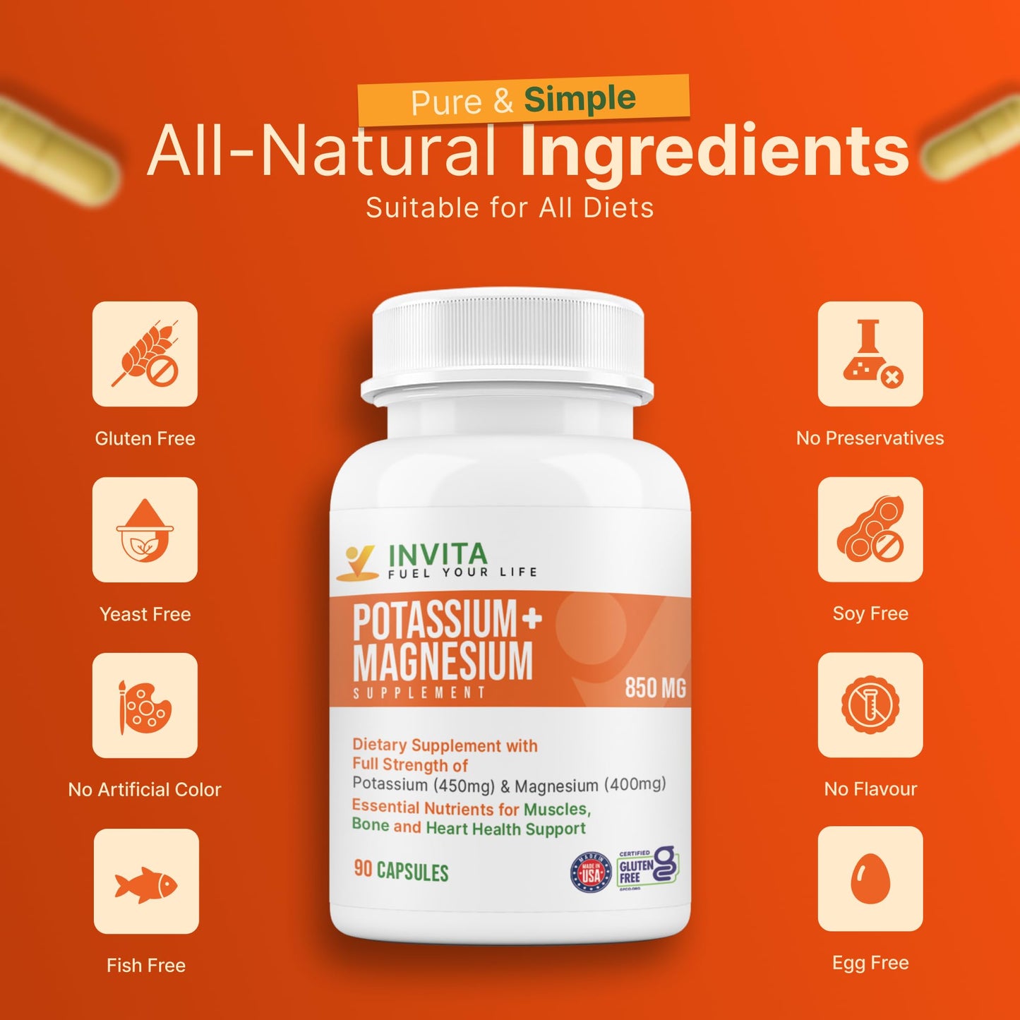 INVITA Potassium Magnesium Supplement Capsules 90 Count
