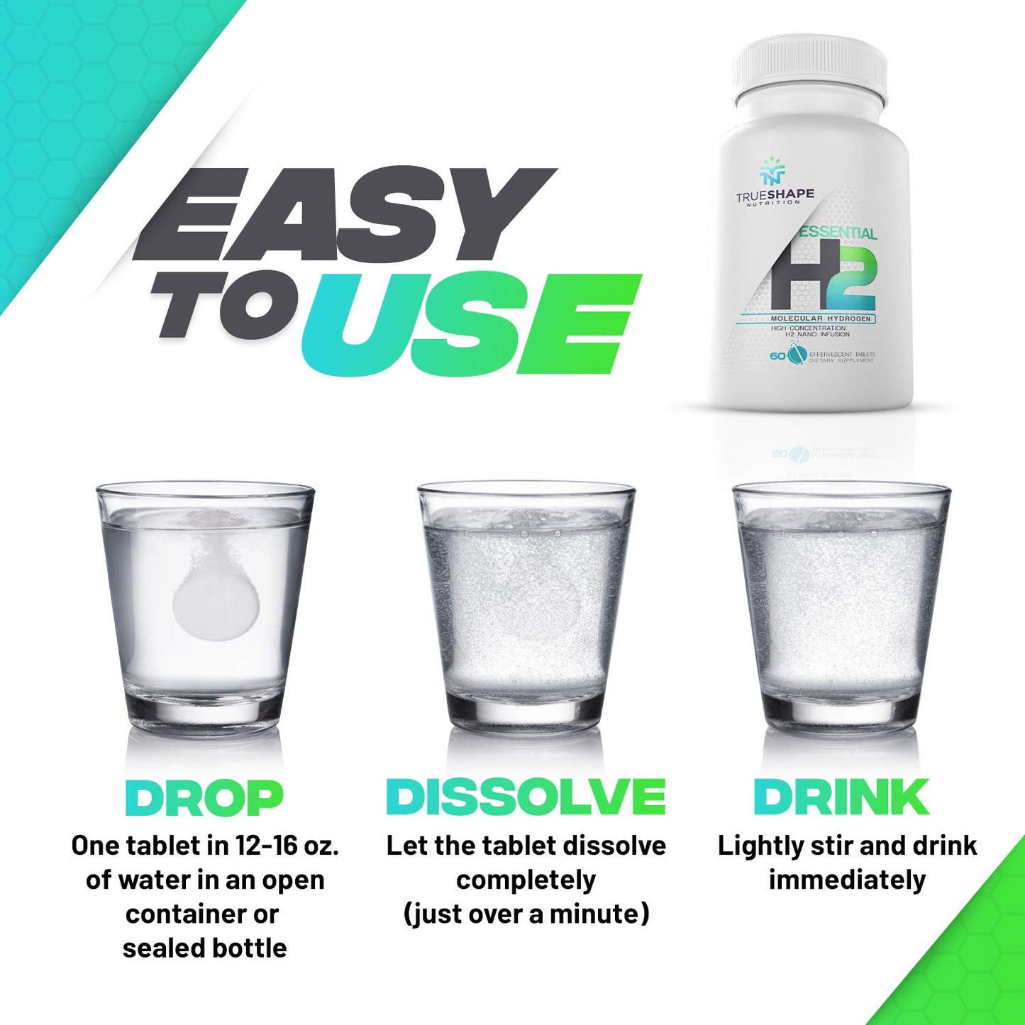 TrueShape Nutrition Essential H2 Fizzy Molecular Hydrogen Tablets for Water Nutritional Supplement, Effervescent Tablets, 60 Tablets