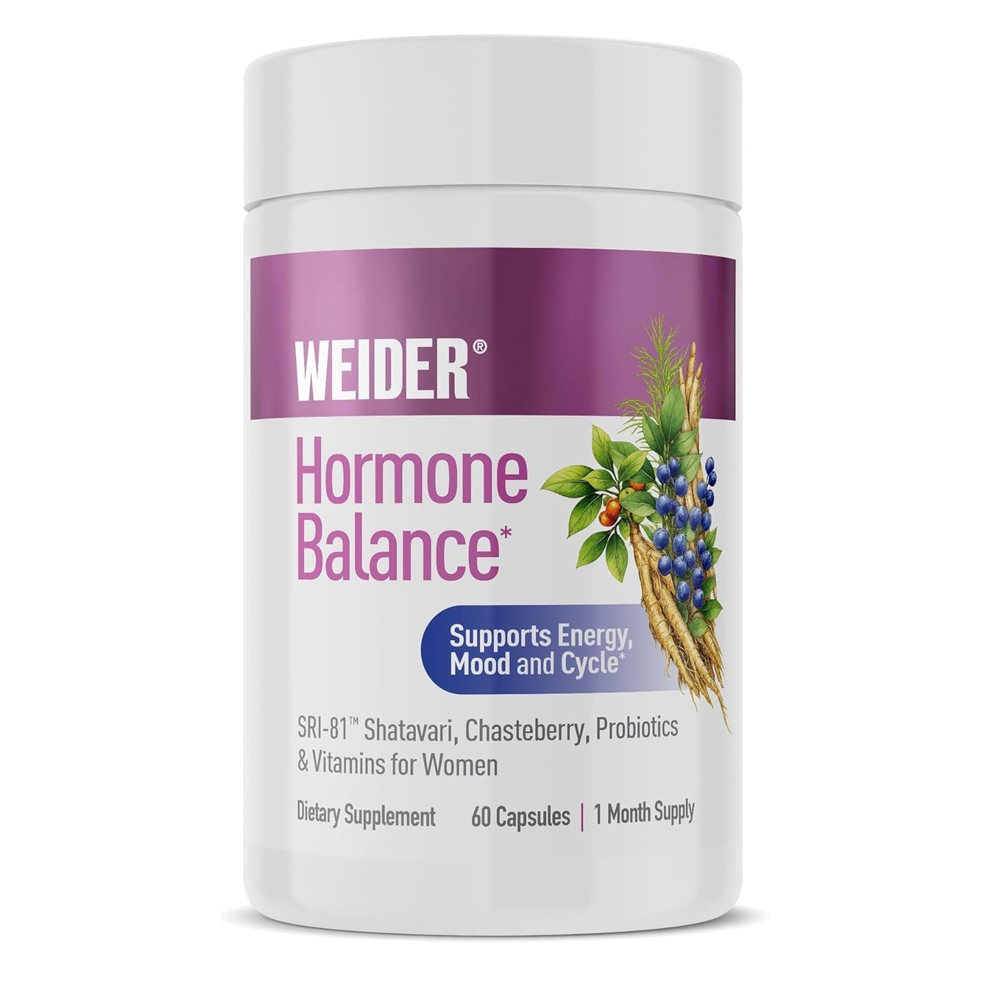 Weider Hormone Balance for Women with SRI-81 Shatavari, Chasteberry, Vitamins & Probiotics Supports Energy, Stress, Cycle Symptoms, and Vaginal Health Capsules 60 Capsules