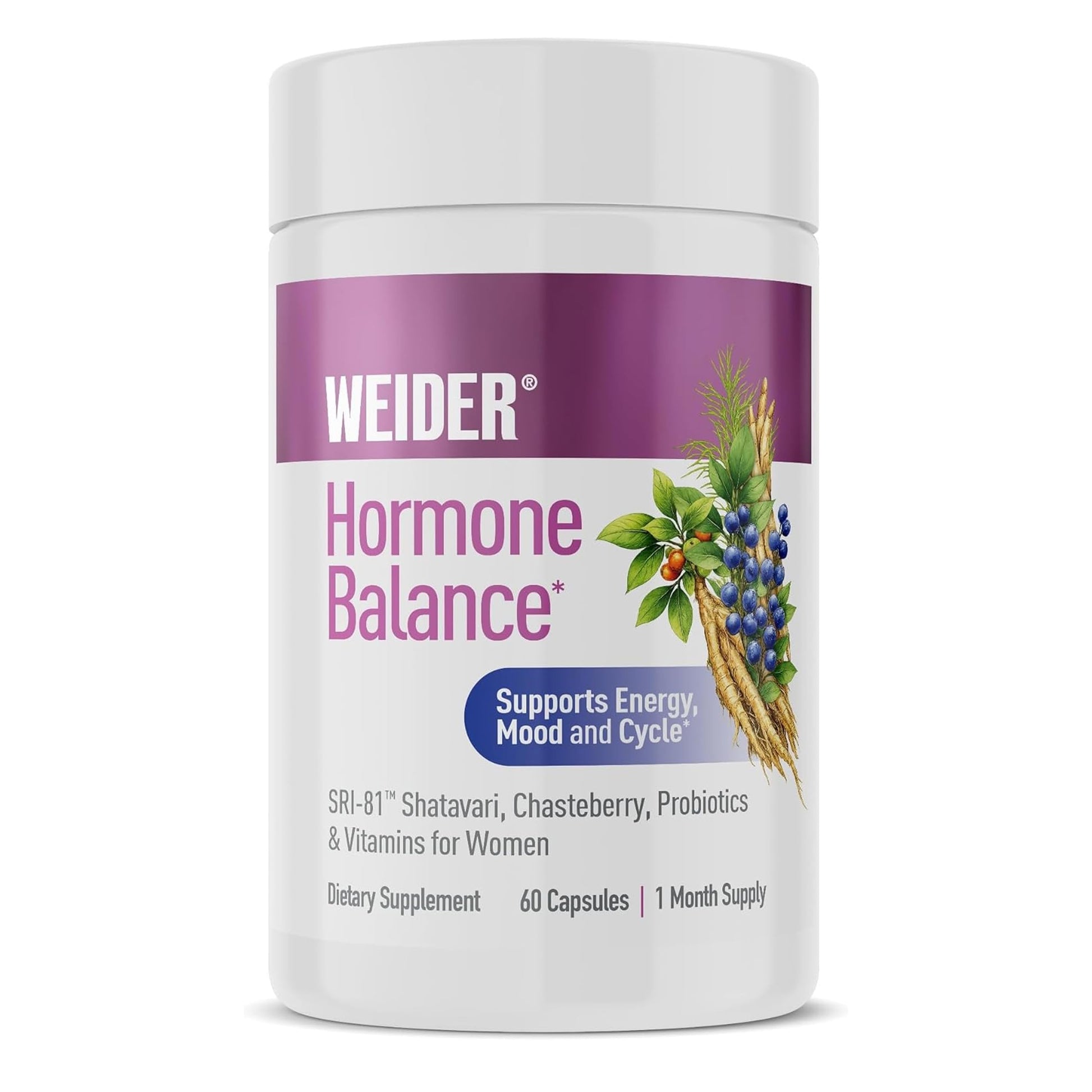 Weider Hormone Balance for Women with SRI-81 Shatavari, Chasteberry, Vitamins & Probiotics Supports Energy, Stress, Cycle Symptoms, and Vaginal Health Capsules 60 Capsules