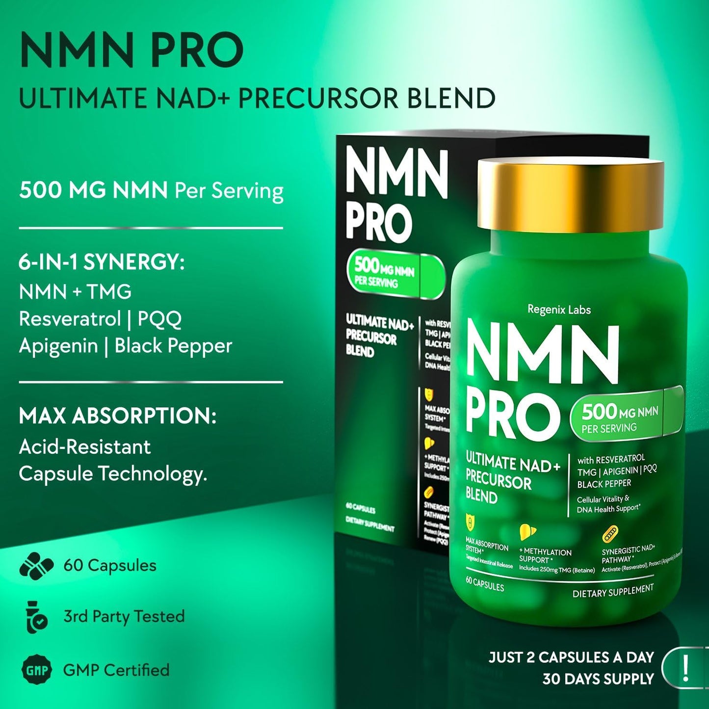 REGENIX LABS NMN Supplement 500mg Capsule, 60 Capsules