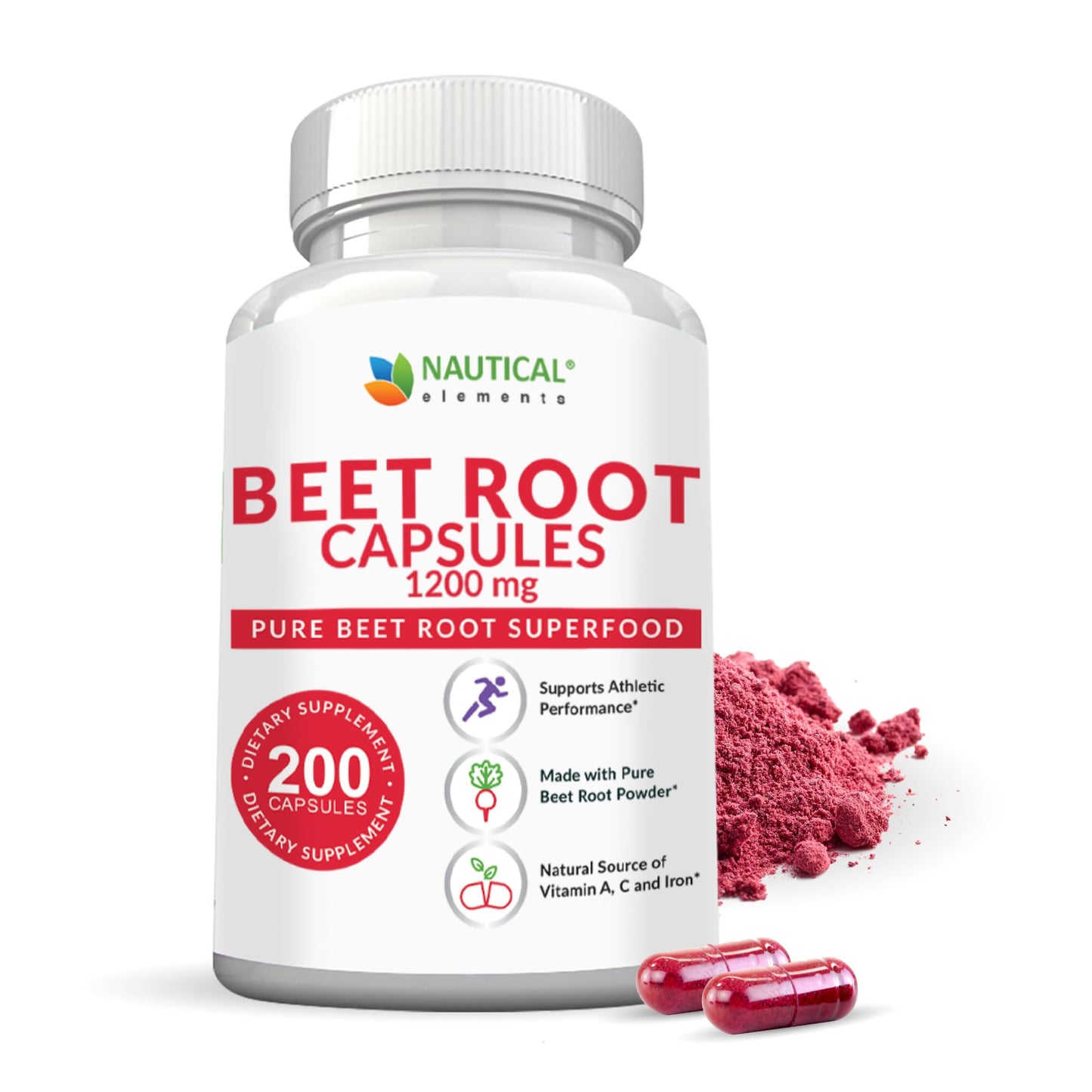 Nautical Elements Beet Root Capsules 1200mg per Serving, 200 Count
