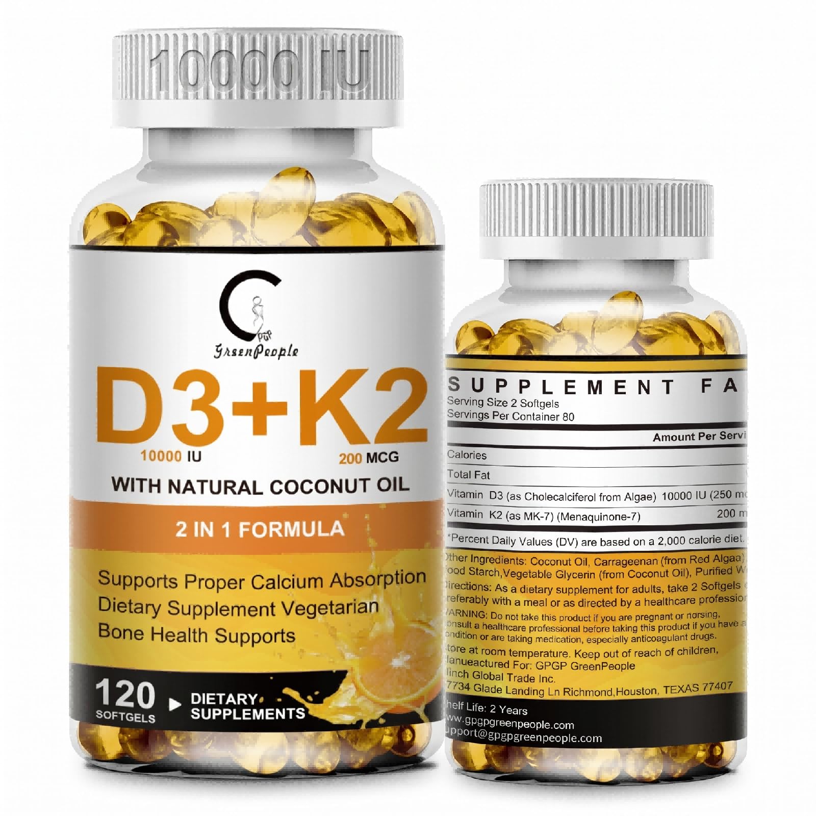 GPGP GreenPeople Vitamin D3 K2 Supplement Softgels 120