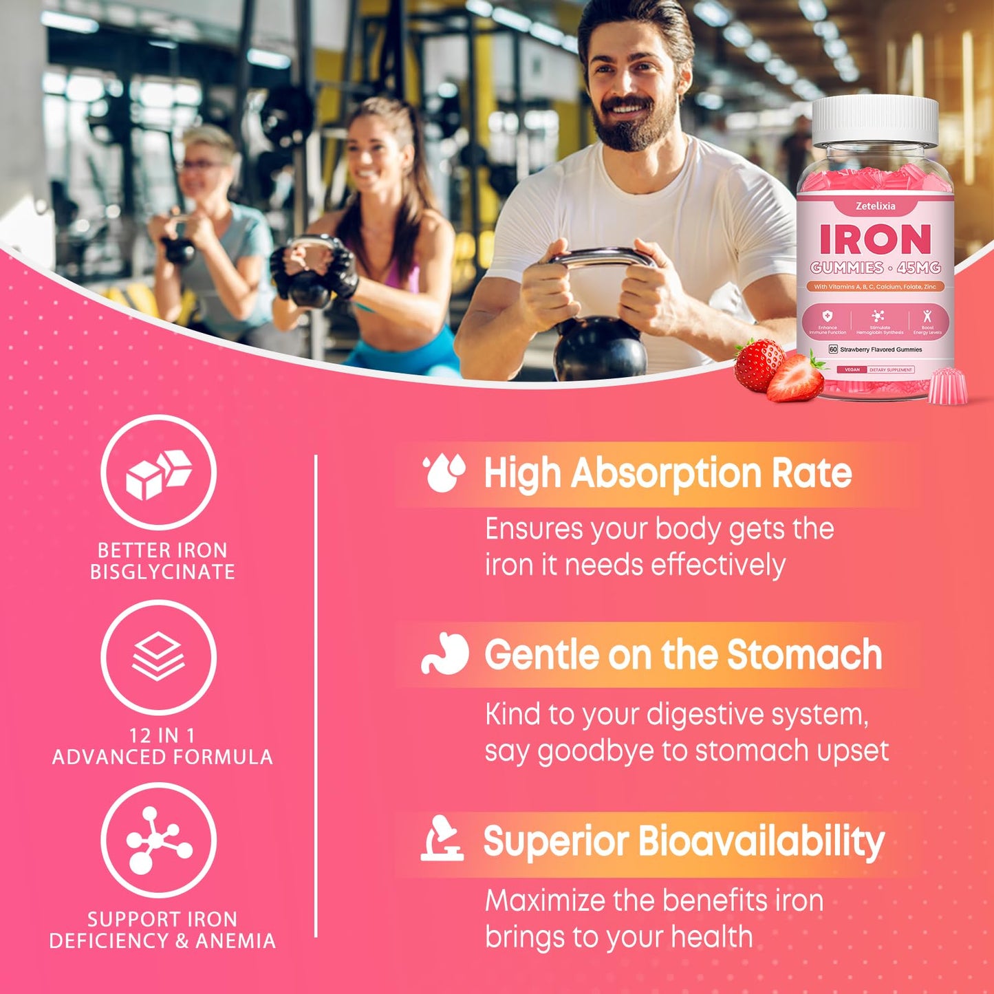 Zetelixia Vegan Iron Supplement Gummies, 120 Count