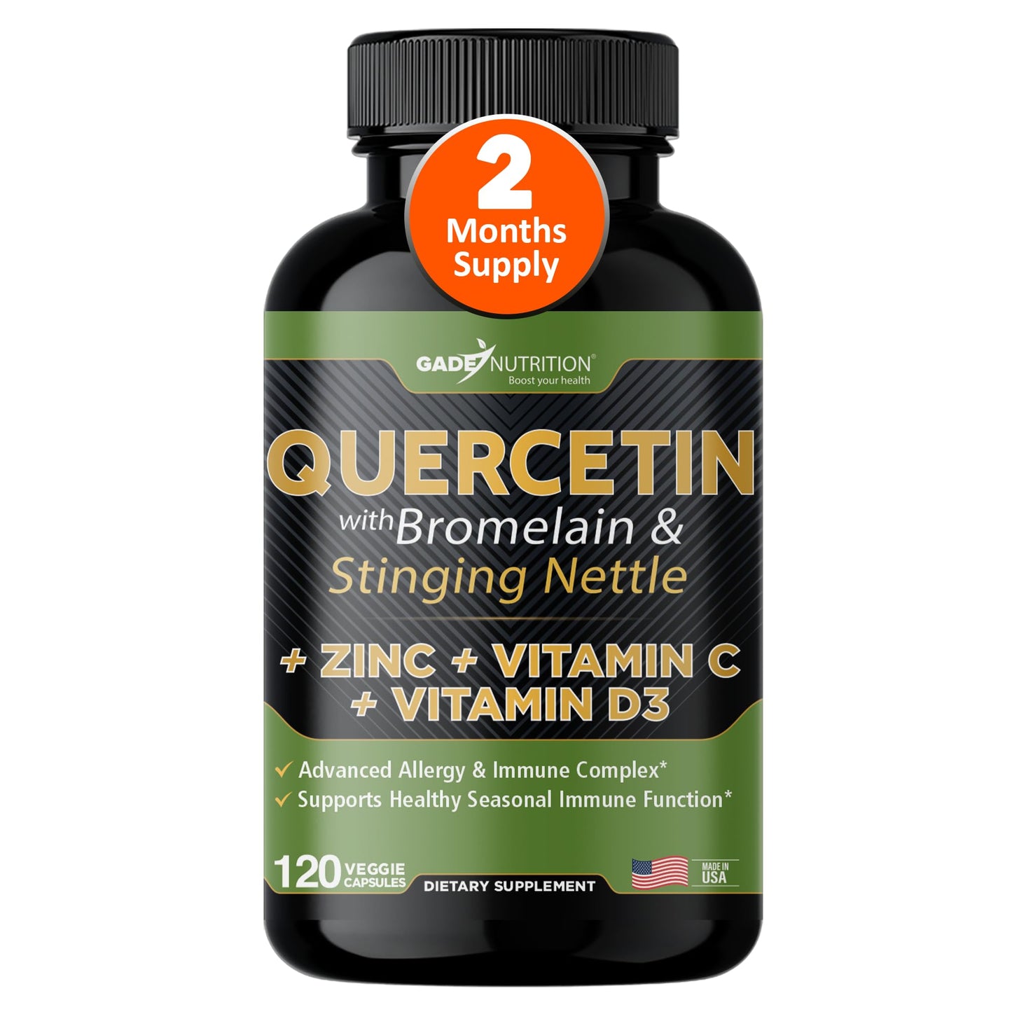 Gade Nutrition Quercetin with Bromelain, Vitamin C and Zinc + Stinging Nettle 500mg Capsules, 120 Count