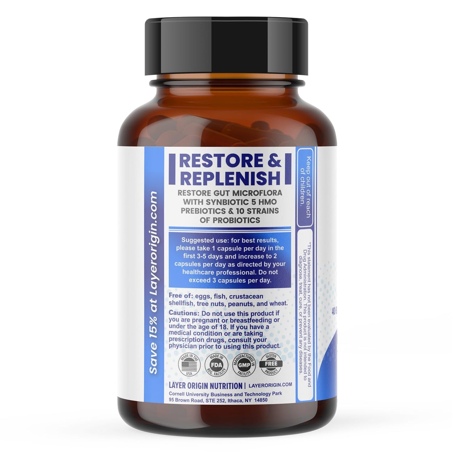 Layer Origin SuperHMO Synbiotic Capsules with 5 HMO Prebiotics & 40 Billion CFU Probiotics - Bifidobacteria & Lactobacillus, 60 Count