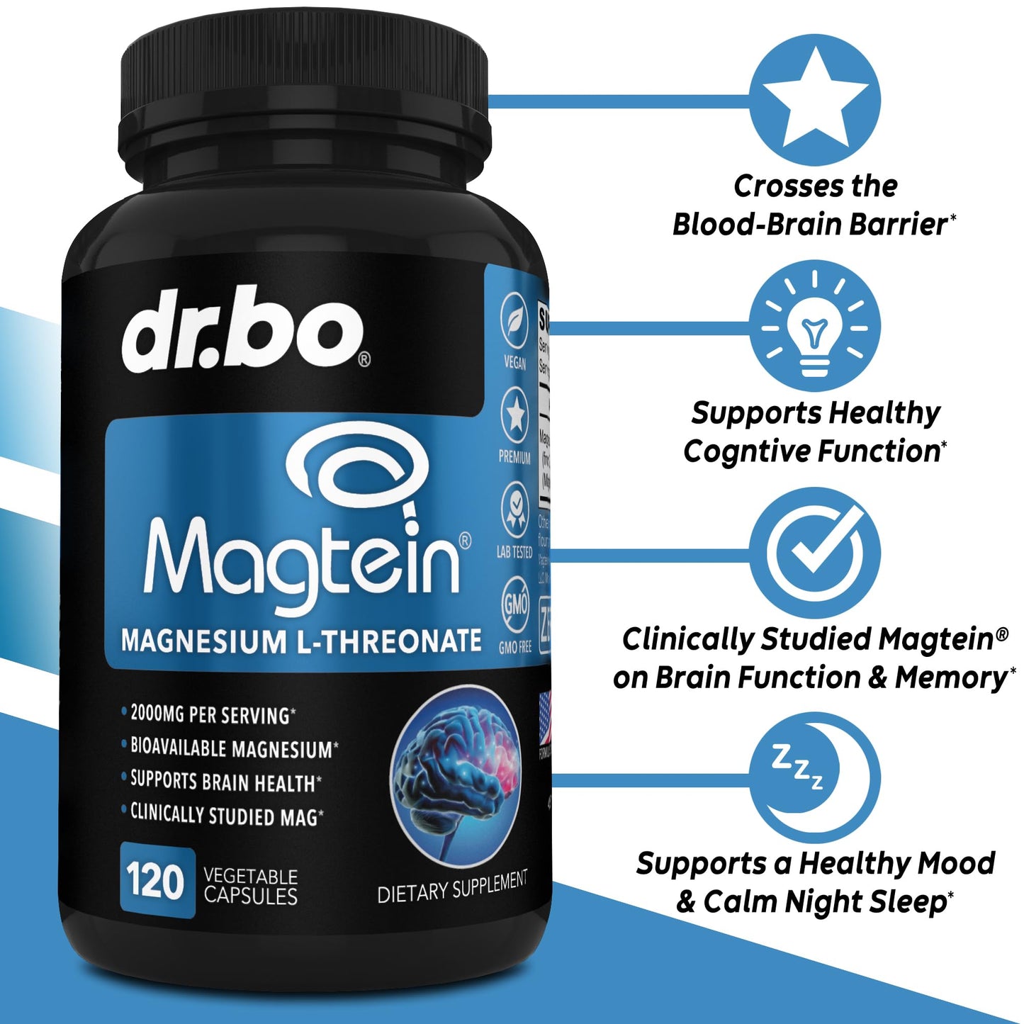 DR. BO Magtein Magnesium L-Threonate 2000mg Capsules, 120 Count