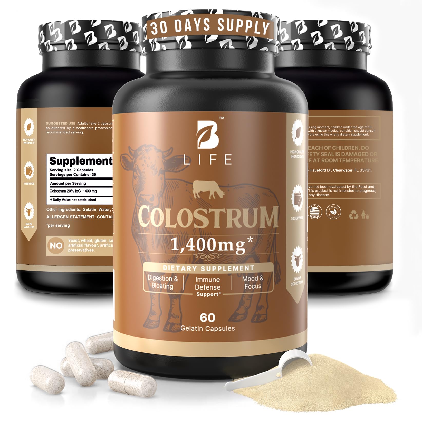 B Life Company BLife Bovine Colostrum Supplement 1400mg – Immune & Gut Health Support – Colostrum Capsules for Digestive Health – Immune Support Supplement, 60 Capsules