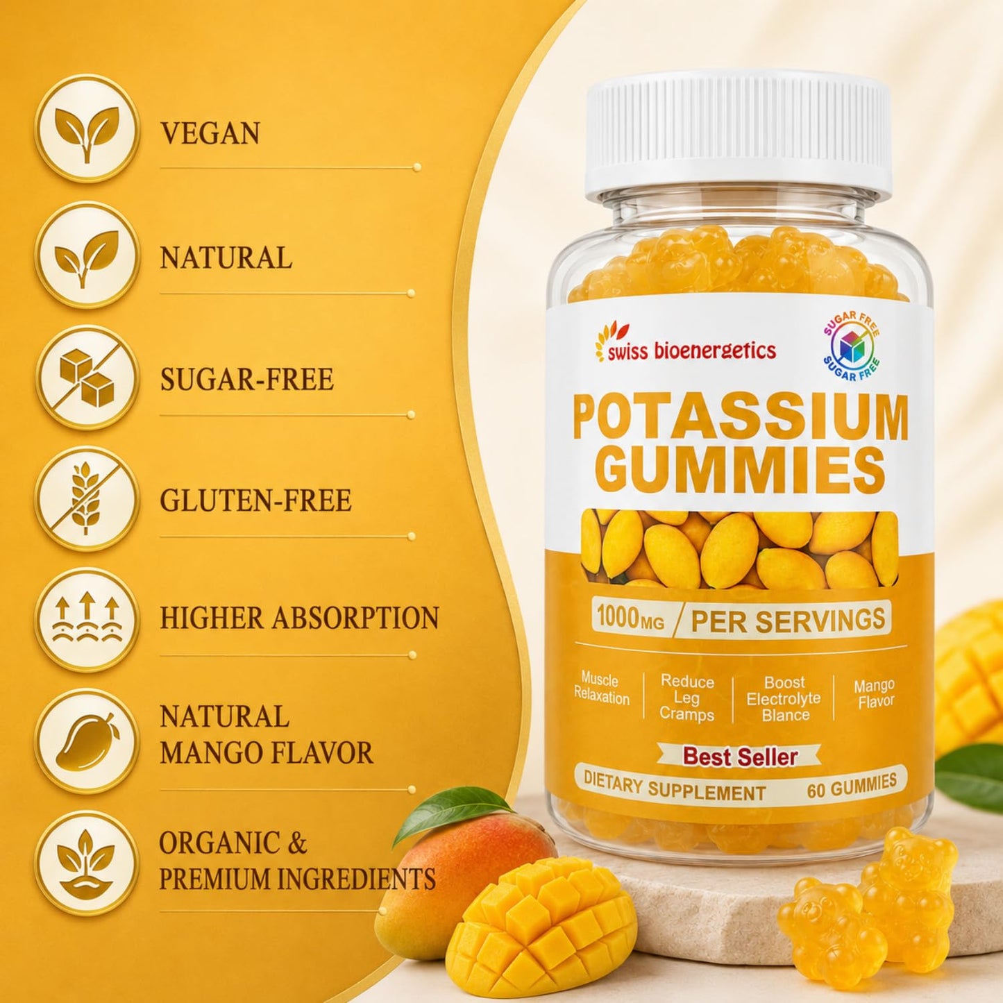 Swiss Bioenergetics Potassium Gummies for Adults & Kids Mango Flavor 60 Count