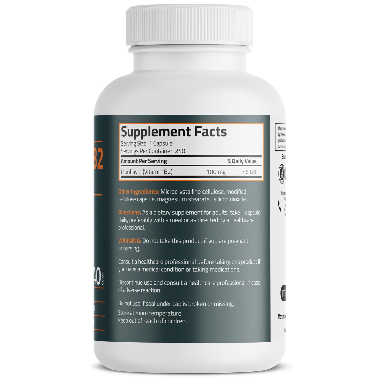 Bronson Vitamin B2 100mg Non-GMO, 240 Capsules