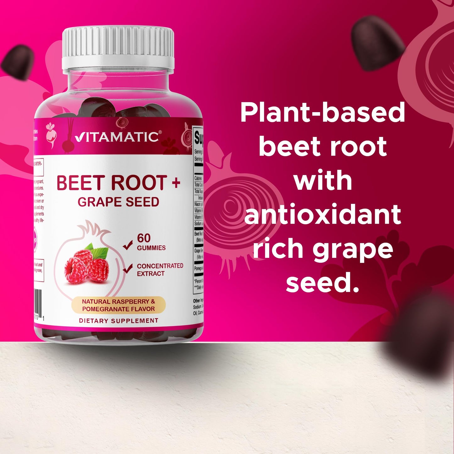 Vitamatic Beet Root Gummies with B6, B12, Grape Seed, Pomegranate & Nicotinamide – Plant-Based Extract – Vegan, Non-GMO – 120 Count