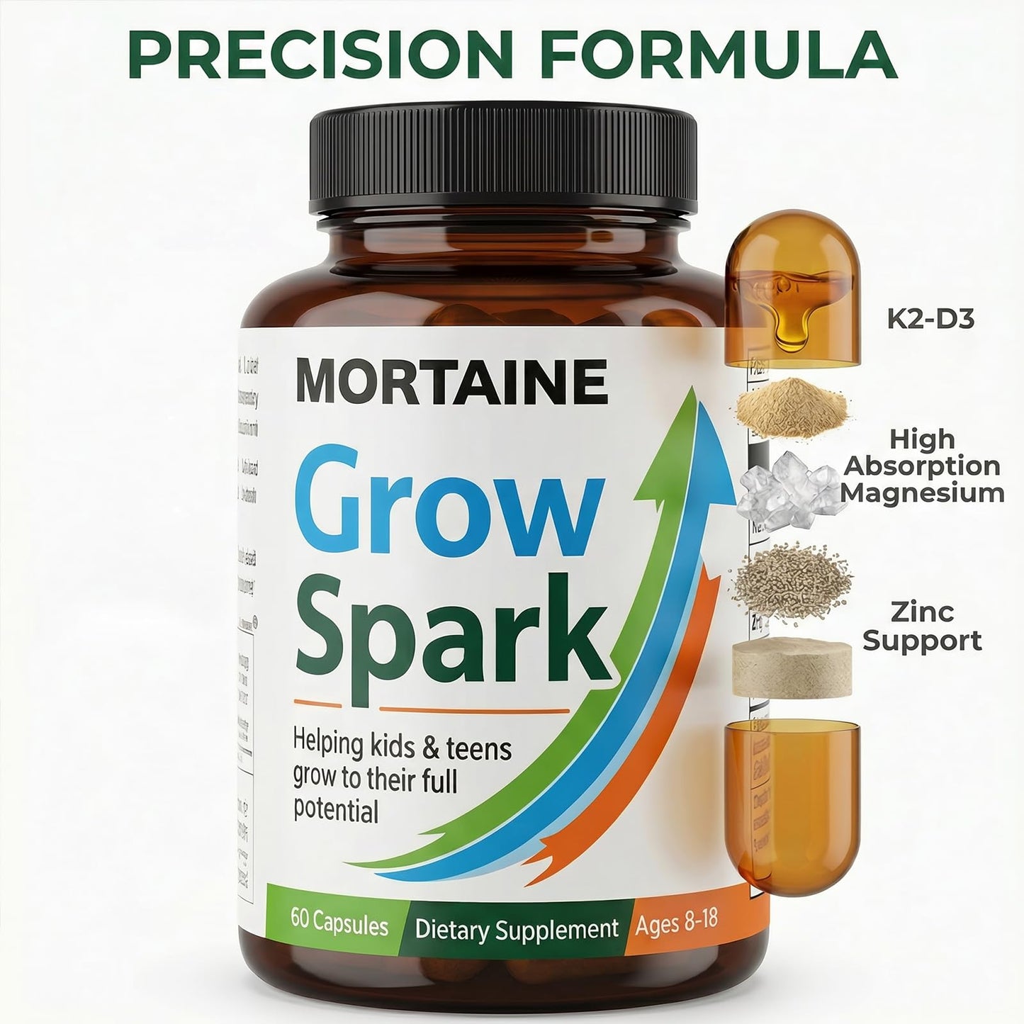 ANEFOSE Mortaine Grow Spark Supplement, Nutrient Support Blend with Vitamin K2, Magnesium & Zinc for Bone Support, 60 Capsules