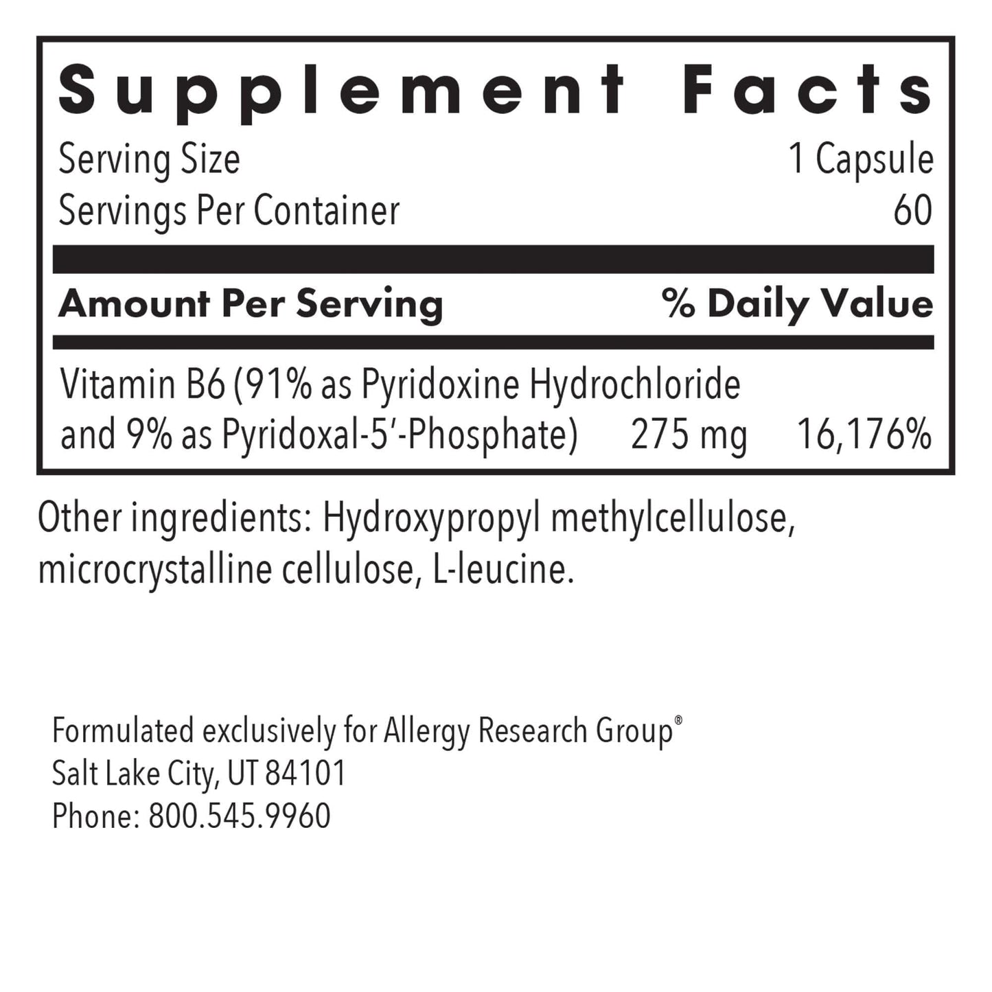 Allergy Research Group Pyridoxine P5P Active Vitamin B6 Supplement 60 Capsules