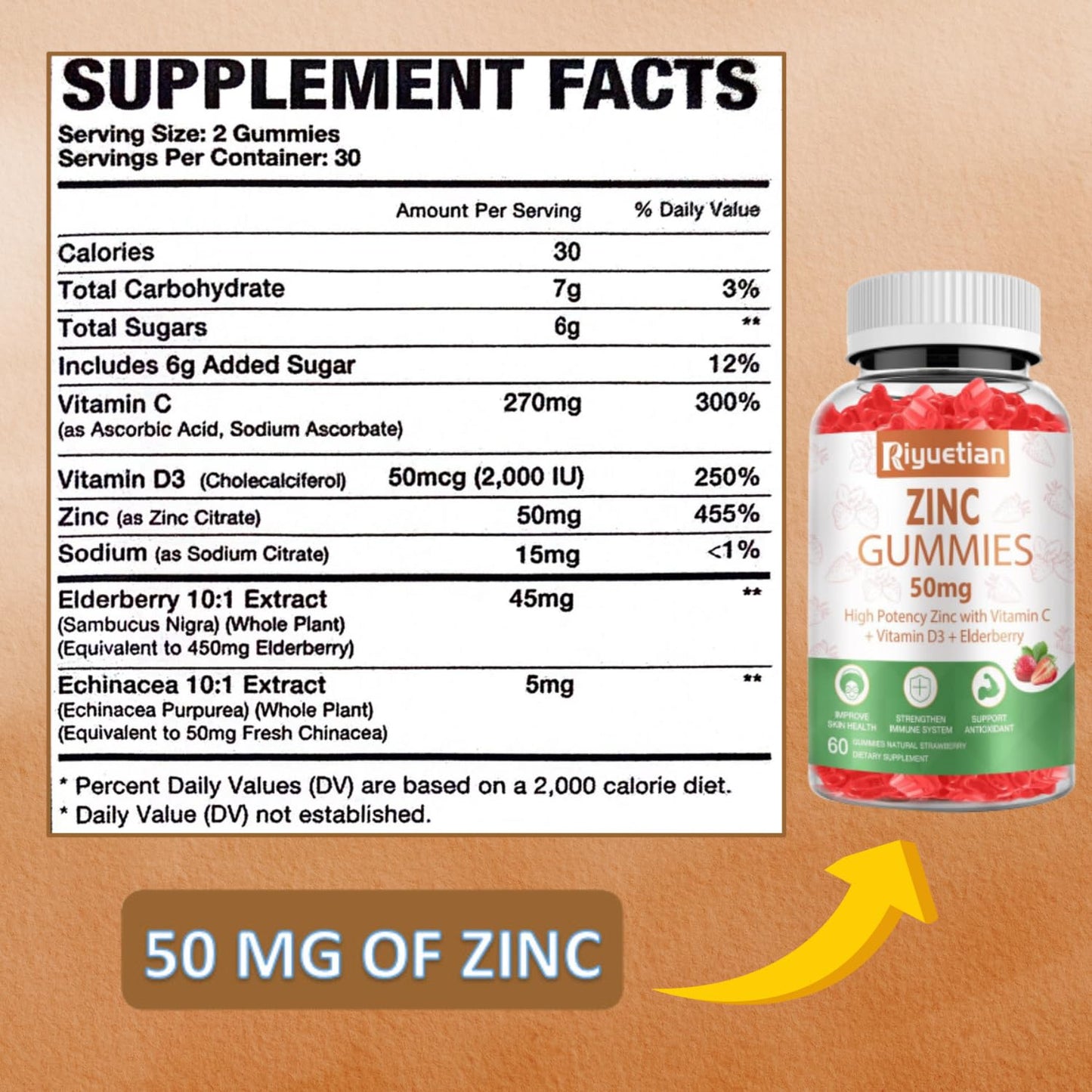 Riyuetian Zinc Gummies 50mg High Potency Zinc with Vitamin C + Vitamin D3 + Elderberry Immune Health Support, Vegan, Non-GMO, Gluten Free, 60 Gummies