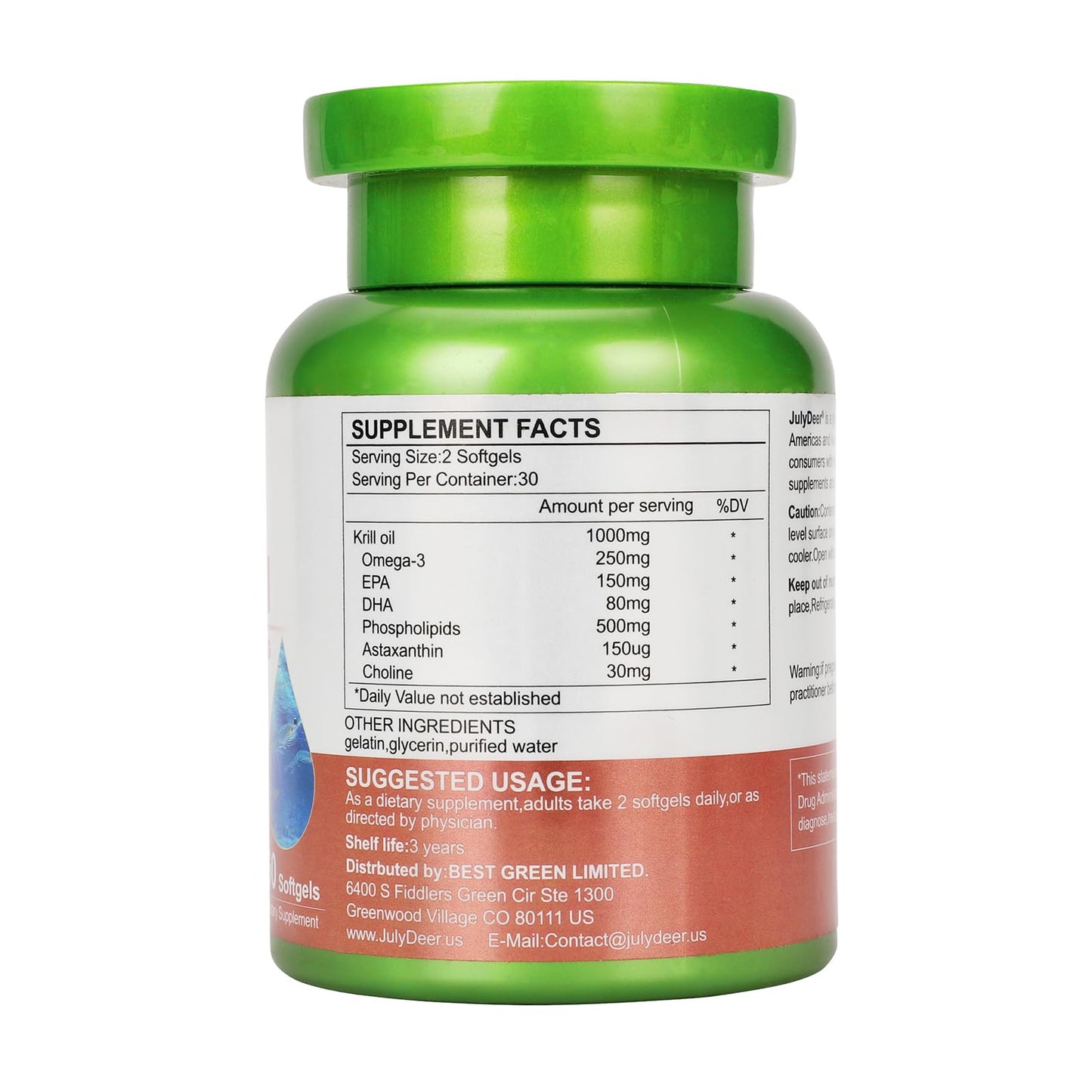 JulyDeer Antarctic Krill Oil 1000 mg with Omega-3s EPA, DHA, Astaxanthin and Phospholipids Softgels 60