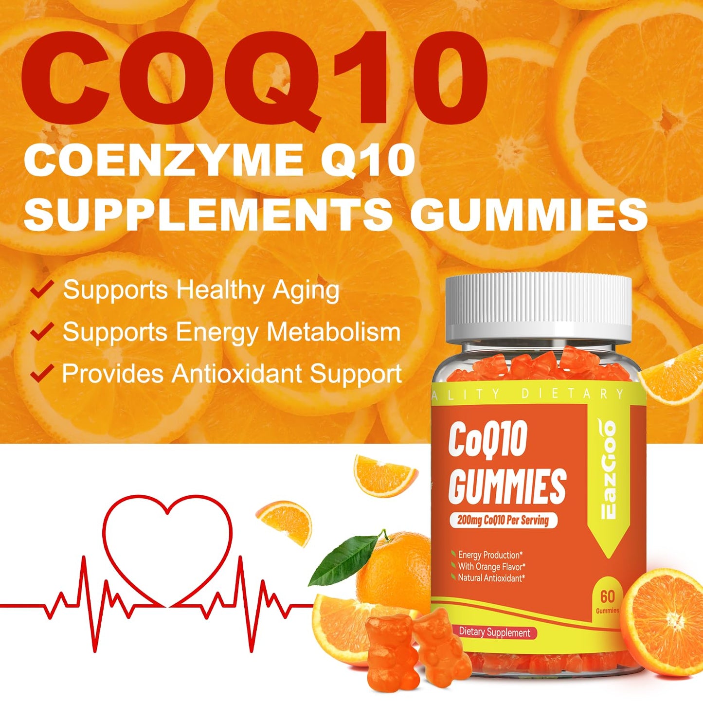 EAZGOO CoQ10 Gummies 200mg, Vegan Supplement for Energy Production, Non-GMO, Gluten Free, 60 Gummies
