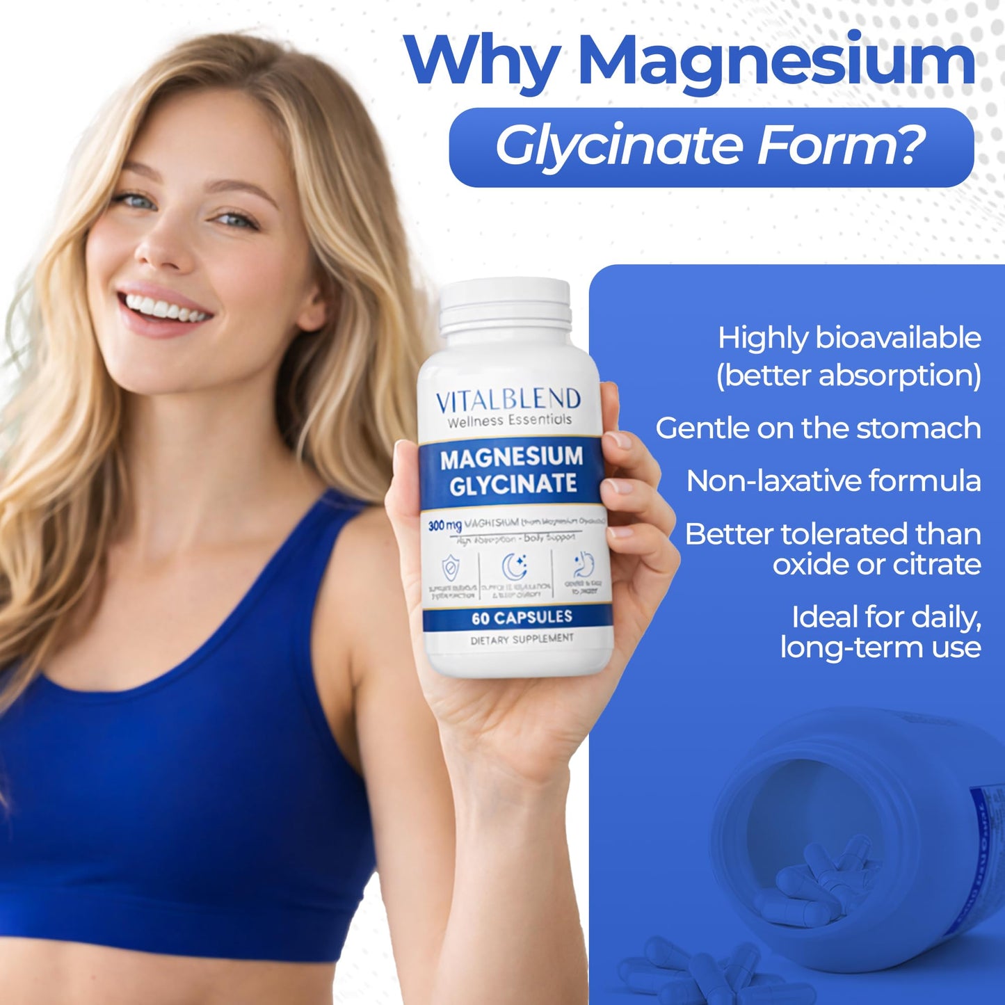 Vitalblend Magnesium Glycinate Capsules 300 mg – Chelated Magnesium Supplement for Relaxation, Sleep & Muscle Support – High Absorption Formula – Gentle on Stomach, 60 Capsules