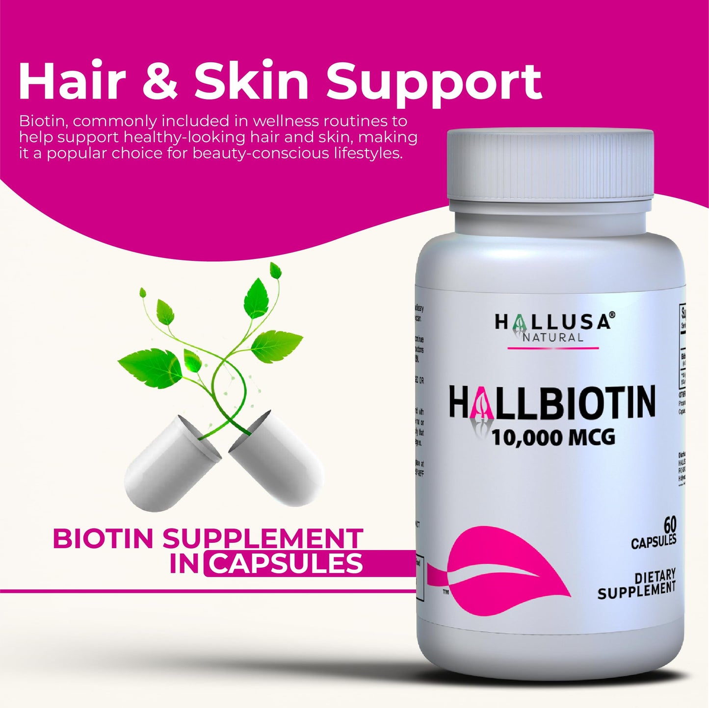 Hallusa Natural Biotin 10,000mcg Capsules, 60 Count