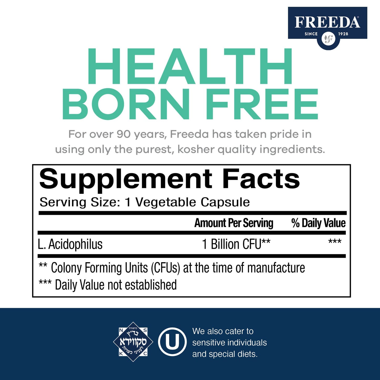 FREEDA Acidophilus Probiotic 1 Billion CFU for Digestive Support Capsules 250 Count
