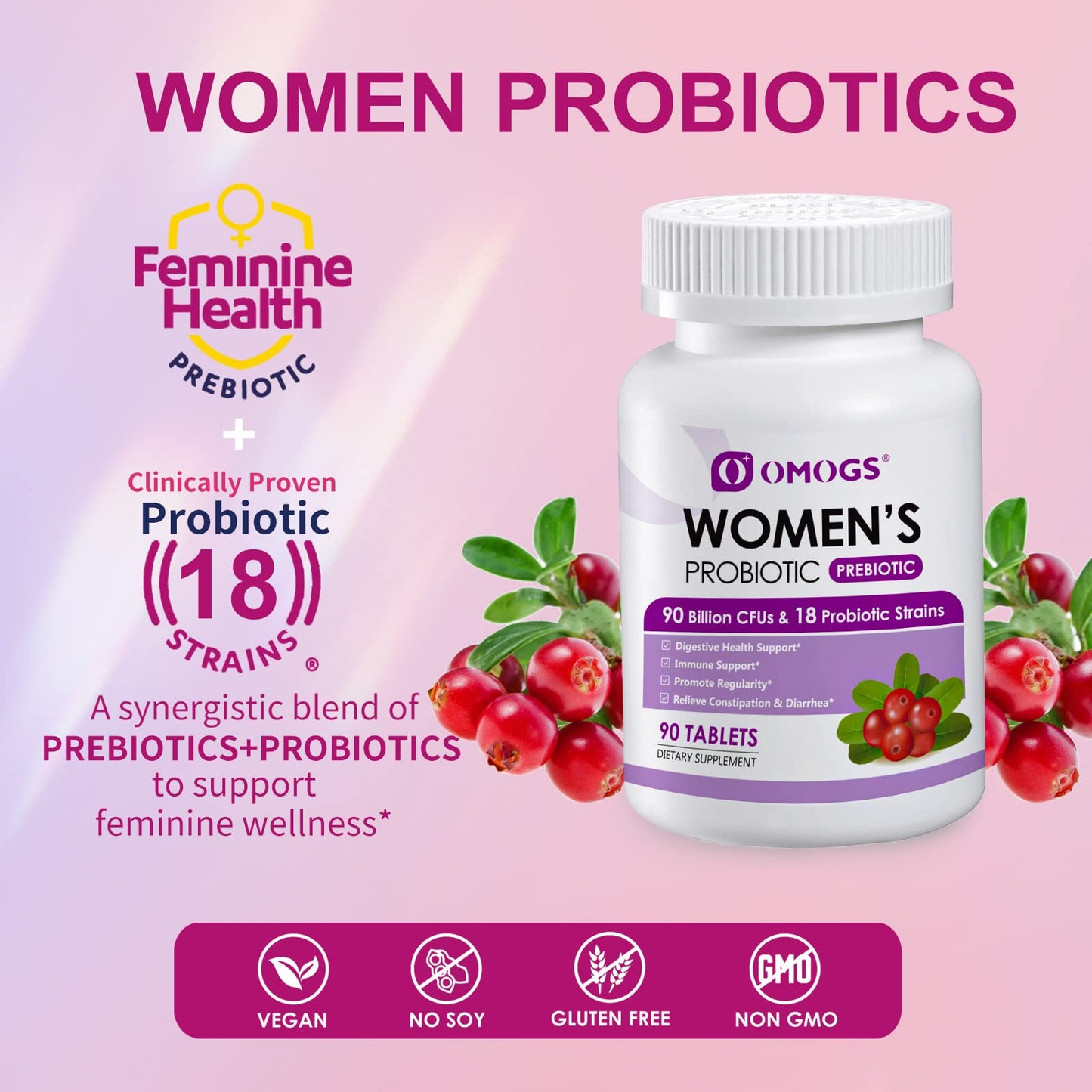 OMOGS Women's Probiotic with Cranberry Extract, Organic Prebiotics & Vitamin C, 90 Billion CFUs, 18 Strains, 90 Tablets