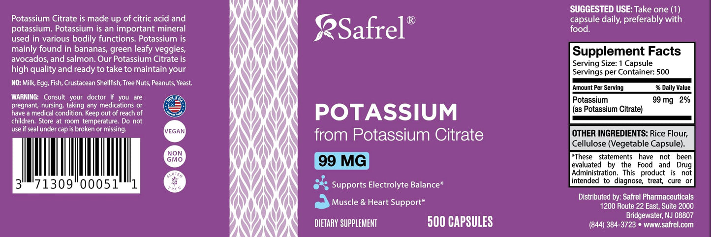 Safrel Potassium Citrate Capsules 500 Count