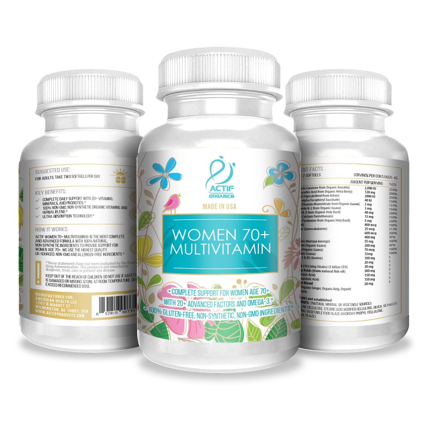 ACTIF Organic Multivitamin for Women 70+ with 20+ Advanced Factors and Omega-3 Softgels, 90 Count