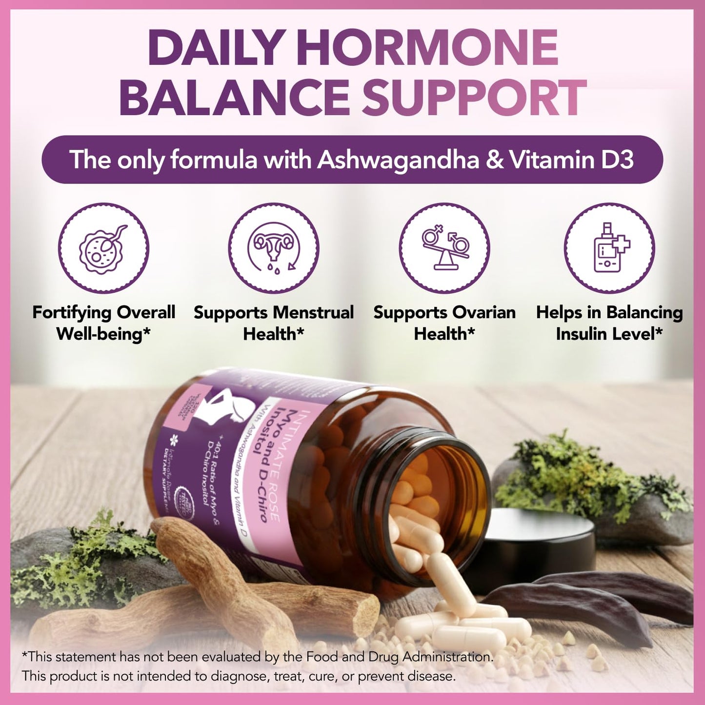 Intimate Rose Myo-Inositol & D-Chiro Inositol Supplement for Women - Hormone Balance & Ovarian Support for Women - Ideal 40:1 Ratio, Vitamin D3 + Ashwagandha