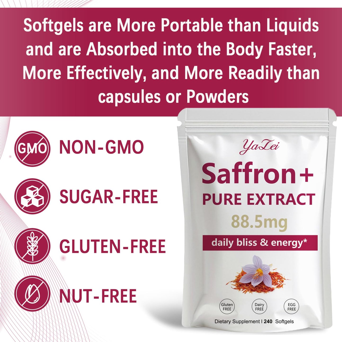 Yalei Saffron Extract Supplements 88.5mg Softgel 240 Softgels