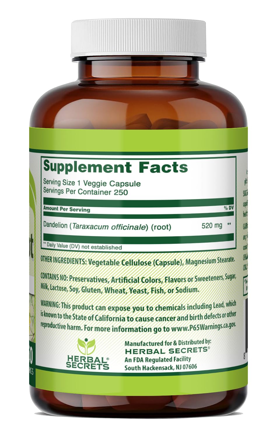 Herbal Secrets Dandelion Root 520 mg Veggie Capsules Supplement 1 Count