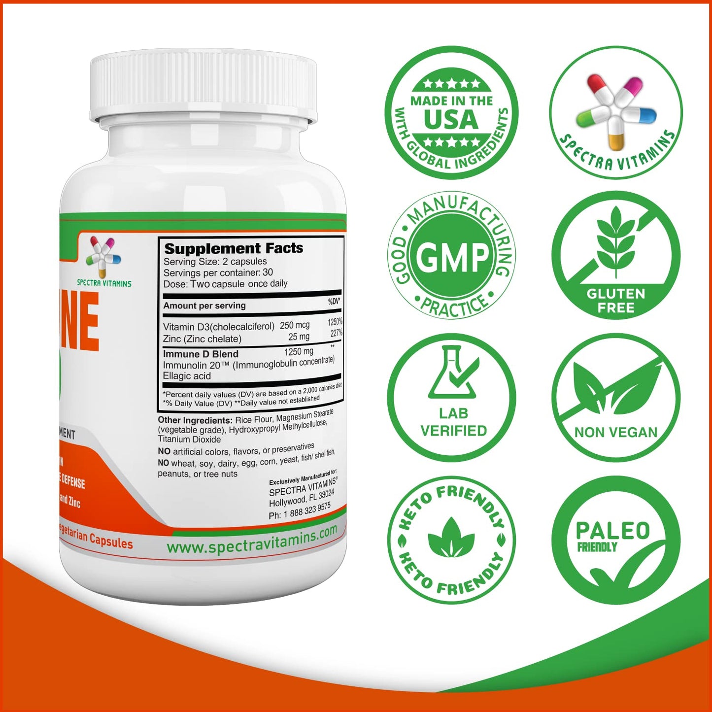 Spectra Vitamins Immune D Support Dietary Supplement with Immunolin, Vitamin D3, Zinc, Ellagic Acid, 60 Capsules