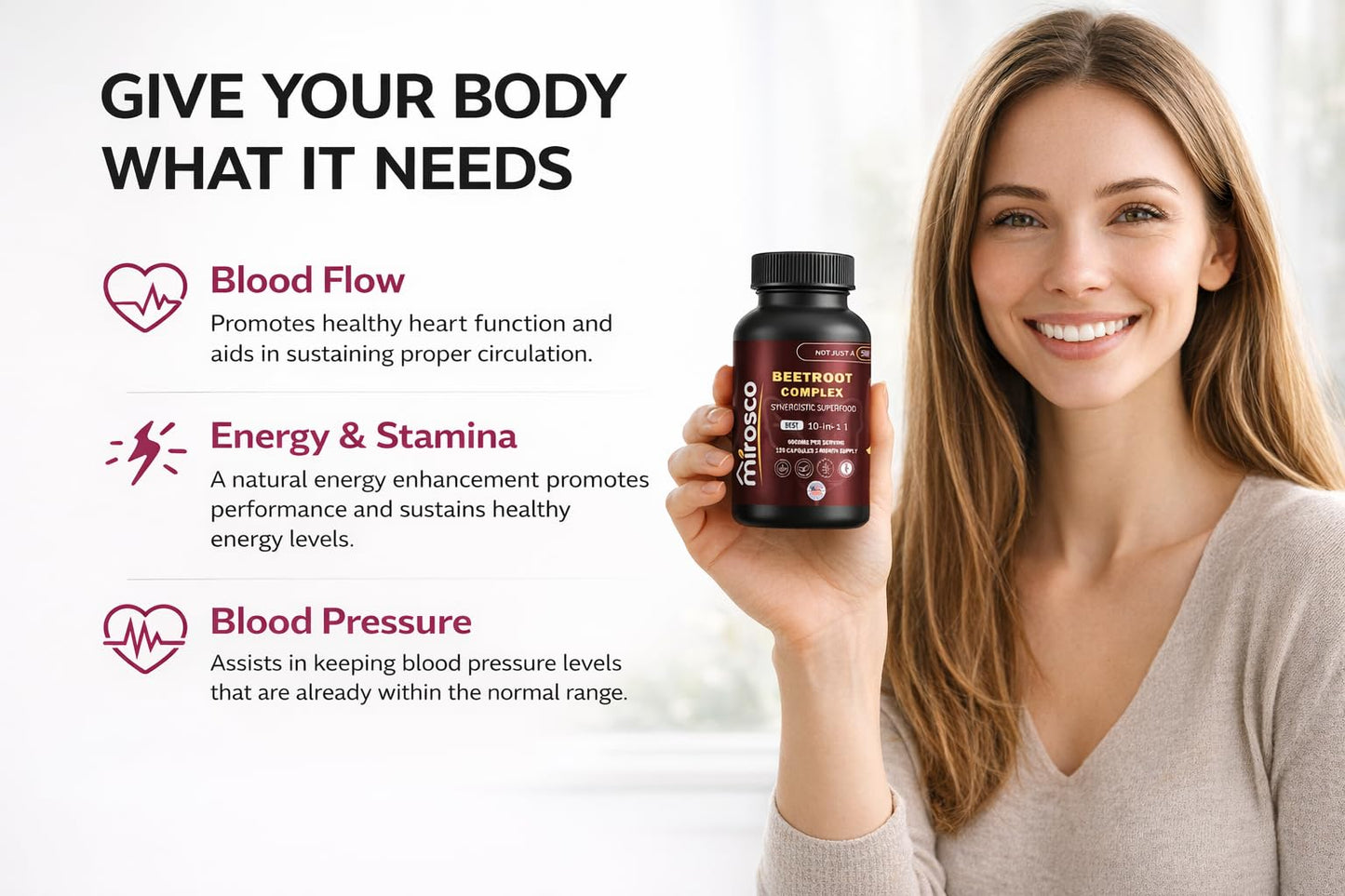 Mirosco Organic Beet Root Capsules 6000mg – Beetroot Supplement for Energy, Blood Flow & Circulation Support with Cordyceps, Maca & Green Tea Extract – 120 Capsules