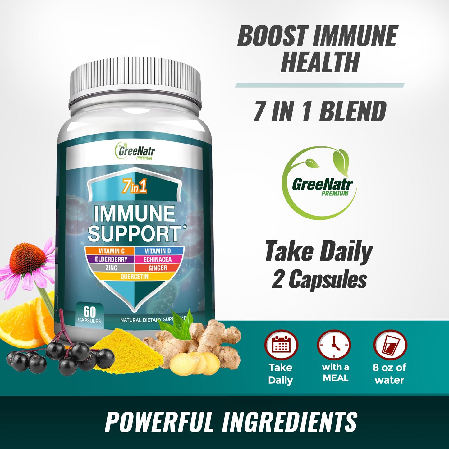 GreeNatr 7 in 1 Immune Support Supplement with Vitamin C, Vitamin D3, Zinc 50mg, Quercetin, Echinacea Purpurea, Sambucus Elderberry and Ginger, 360 Capsules
