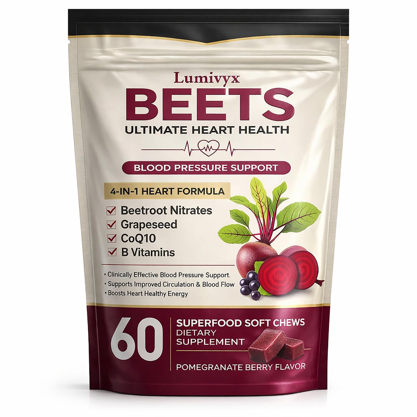 Jqewlg Lumivyx Beet Chews - Beetroot with Grape Seed Extract & CoQ10, Nitric Oxide Support Formula for Circulation, Pomegranate Berry Flavor, Non-GMO, Gelatin-Free, 60 Chews