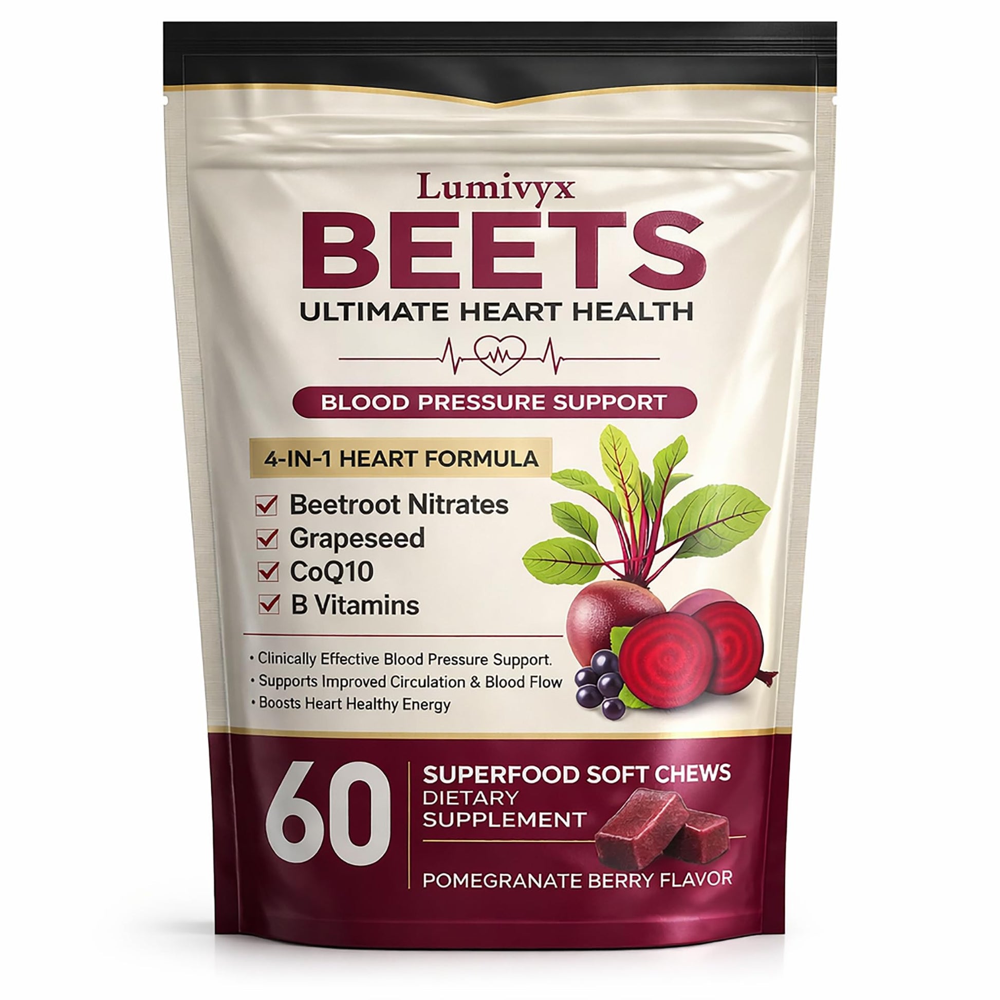 Jqewlg Lumivyx Beet Chews - Beetroot with Grape Seed Extract & CoQ10, Nitric Oxide Support Formula for Circulation, Pomegranate Berry Flavor, Non-GMO, Gelatin-Free, 60 Chews