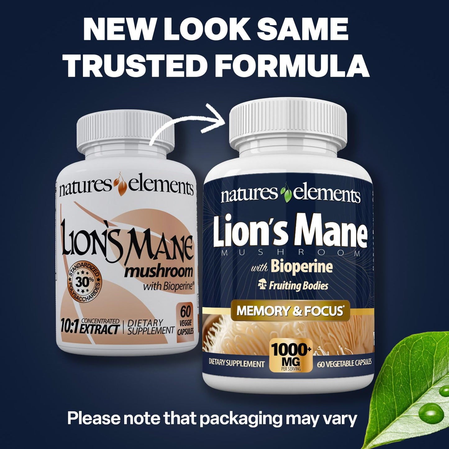 Natures Elements Lion’s Mane Mushroom with BioPerine 10:1 Extract, 1000mg Lion’s Mane + 10mg BioPerine, 30% Polysaccharides, 180 Capsules