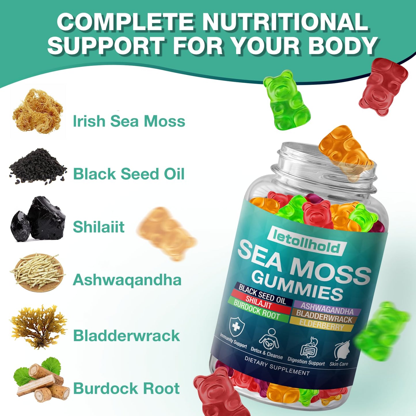 letollhold Irish Sea Moss Gummies with Ashwagandha, Bladderwrack & Burdock Root for Immune Support and Energy, 240 Gummies