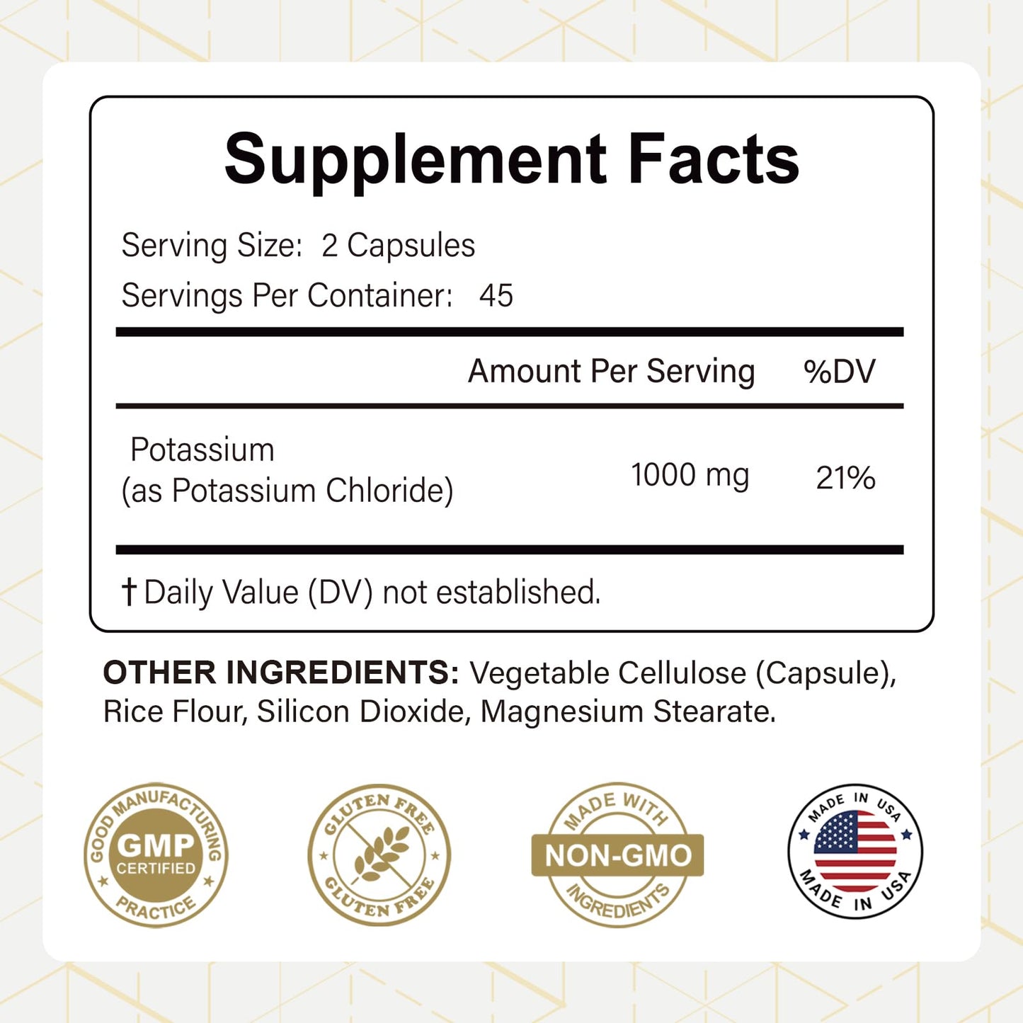Your Nutritionist High Potency Potassium Chloride 1000mg Potassium Supplement 90 Capsules