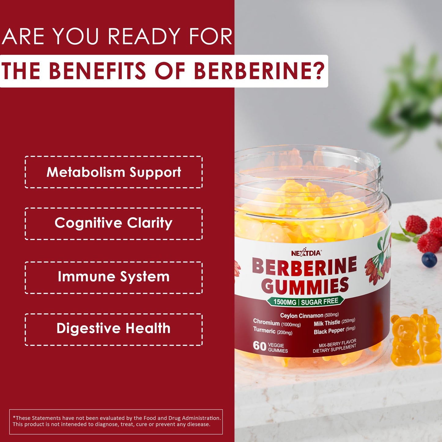 Nextdia Berberine & Magnesium Malate Gummies with CoQ10, 240 Count