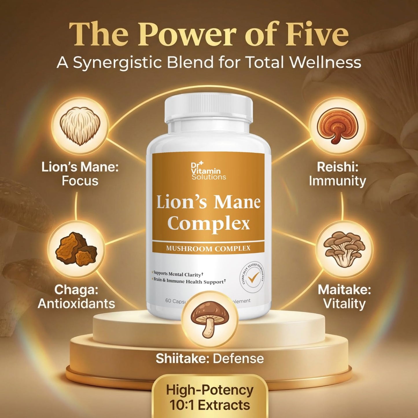 DR VITAMIN SOLUTIONS Lions Mane Mushroom Supplement 500mg, 5 Mushroom Complex 60 Capsules