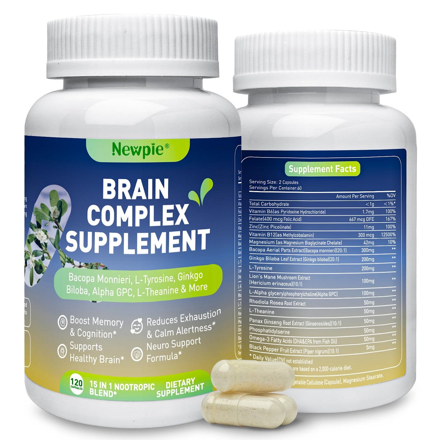 Newpie 15 in 1 Brain Supplement Nootropic Capsule, 120 Capsules